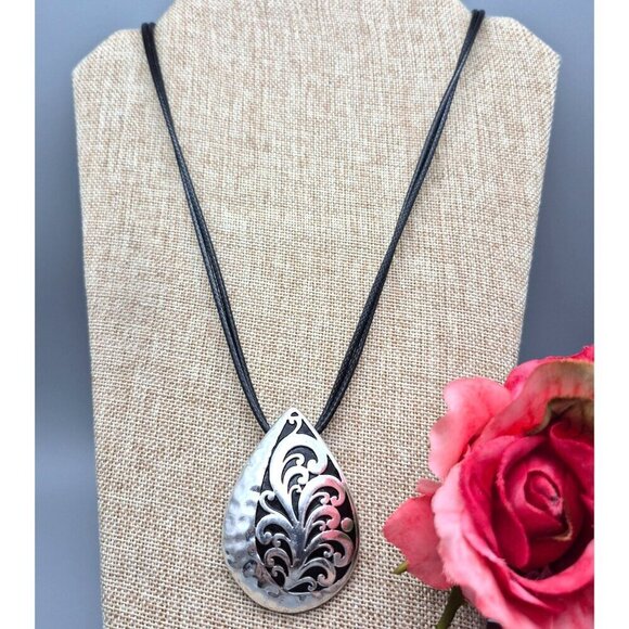 Black Double Cord Necklace Silver Tone Teardrop Pendant Swirl Pattern 32" - Picture 1 of 6